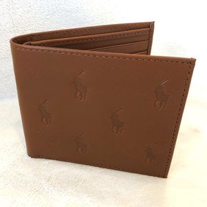 Polo Ralph Lauren CAMEL TAN BROWN Embossed Leather ALL OVER PONY Bifold Wallet